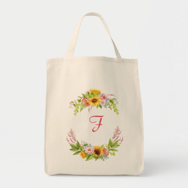 Bolsa Tote Aquarelas Girassóis Alunos Rosas Monograma Boho (Frente)