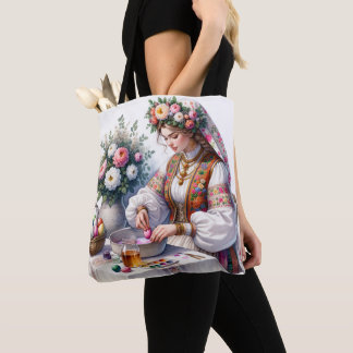 Bolsa Tote Aquarelas - Mulher Folclórica Búlgara - Ovos de Pá