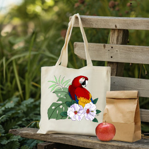 Bolsa Tote Arara Vermelha Papagaio Tropical Hibisco Branco Fl