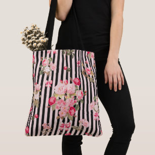 Bolsa Tote Arco cor-de-rosa Rosas de vinheta Black Strips