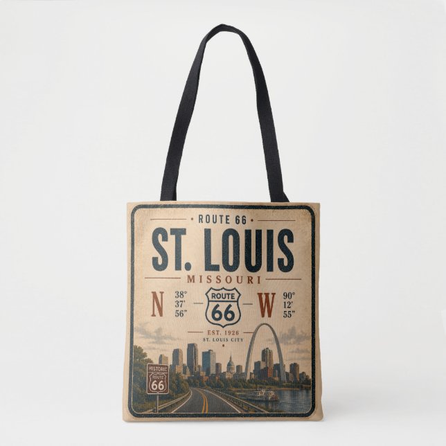 Bolsa Tote Arco da Rota 66 de St Louis Coordenadas Viagem (Frente)