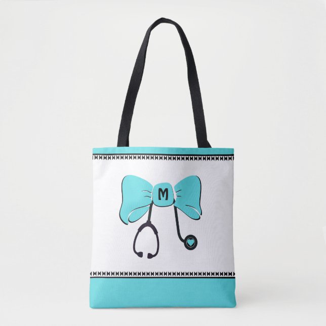 Bolsa Tote Arco do estetoscópio Teal e Branco (Frente)