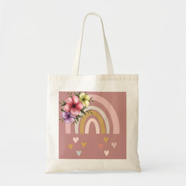 Bolsa Tote Arco-íris a cores neutro com flores (Frente)