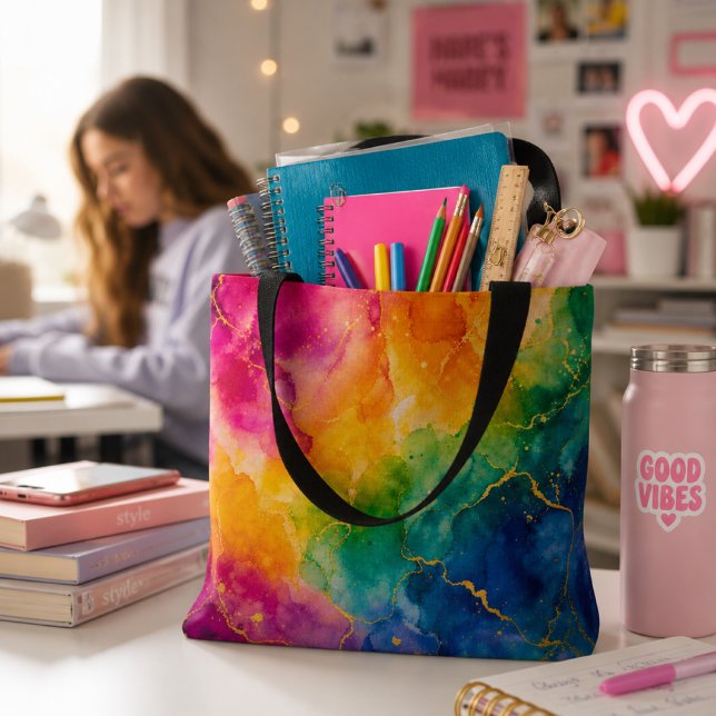 Bolsa Tote Arco-íris Abstrato Azul Rosa Amarelo  (Criador carregado)