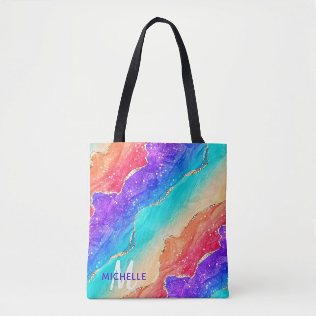 Bolsa Tote Arco-íris Brilhante & Glitter Falso de Ouro Monogr (Frente)