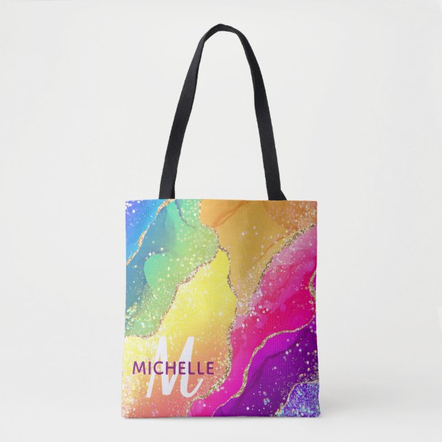 Bolsa Tote Arco-íris Brilhante & Monograma de Ágata com Brilh (Frente)