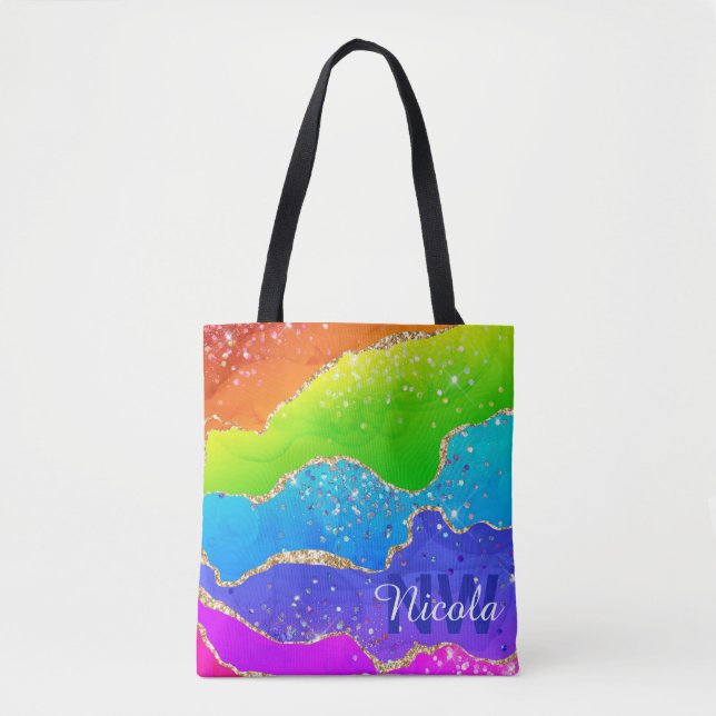 Bolsa Tote Arco-íris Brilhante & Monograma de Ágata com Brilh (Frente)