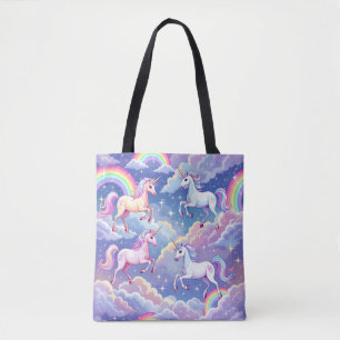 Bolsa Tote Arco-íris cintilante e unicórnios nas nuvens