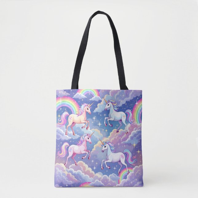 Bolsa Tote Arco-íris cintilante e unicórnios nas nuvens (Frente)
