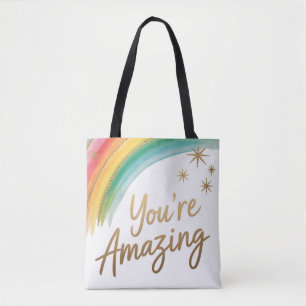 Bolsa Tote Arco-íris com Glitter Dourado e Texto "Você é Incr