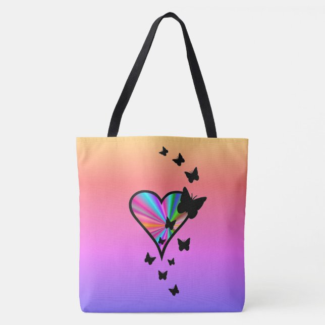 Bolsa Tote Arco-Íris Coração e Borboleta (Frente)