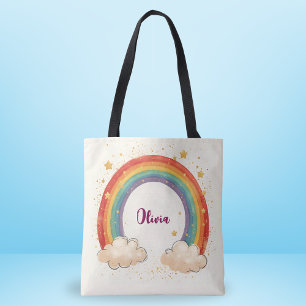 Bolsa Tote Arco-Íris Encantador de Meninas com Estrelas Brilh