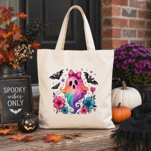 Bolsa Tote Arco-íris Fantasma Laço Aquarela Floral Halloween