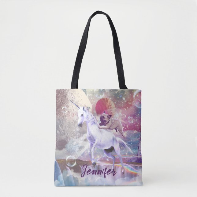 Bolsa Tote Arco-íris galáxia cavalgando unicórnio no espaço. (Frente)