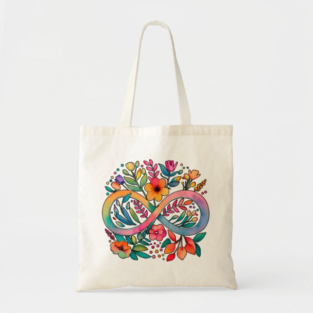 Bolsa Tote Arco-Íris Infinito Flores de Aquarela Autismo (Frente)
