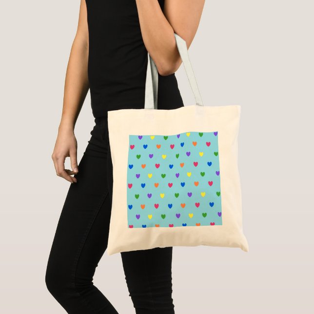 Bolsa Tote Arco-íris polca corações em azul-bebê (Frente (produto))