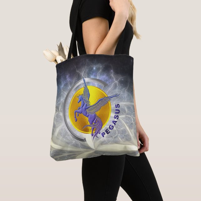 Bolsa Tote Arco prateado de Pegasus com Sol Ouro (Close Up)