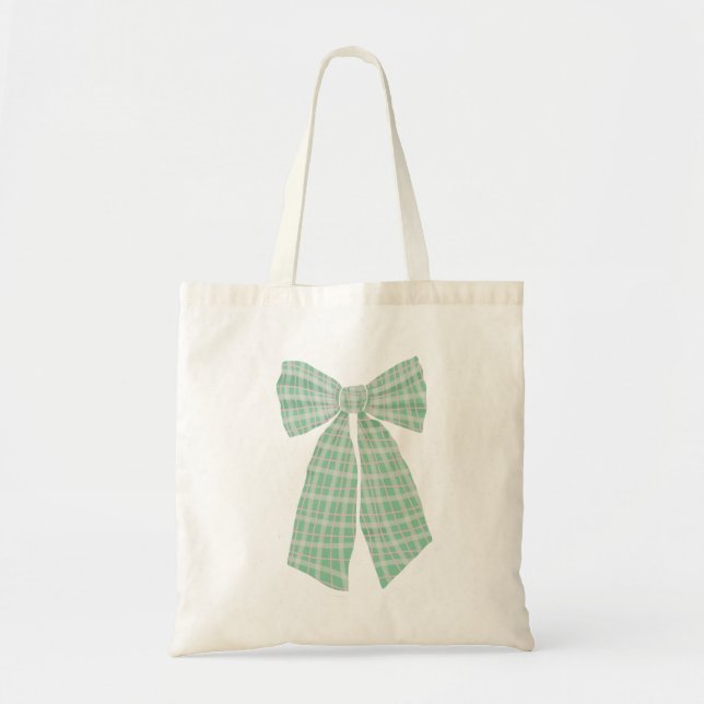 Bolsa Tote Arco Romântico de Gingham Verde Moderno e Bonito (Frente)
