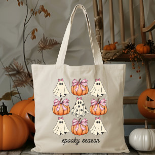 Bolsa Tote Arco Rosa, Coquette Cute Ghost E Pumpkin Halloween