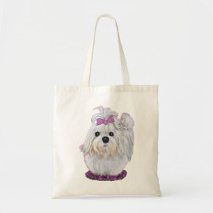 Bolsa Tote arco roxo de pintura de maltese de cachorro branco