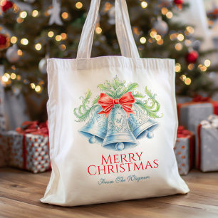 Bolsa Tote Arco vermelho de aquarela e sinos azuis prateados