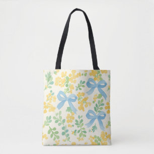 Bolsa Tote Arcos azuis e padrão amarelo de Cottagecore Floral
