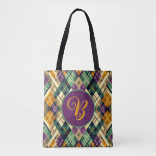 Bolsa Tote Argyle Mardi Gras verde-roxo amarelo