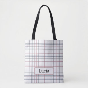 Bolsa Tote Aria Grace Frost e Sky Nordic Xadrez Padrão Nome