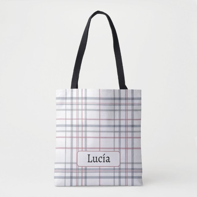 Bolsa Tote Aria Grace Frost & Sky Nordic Plaid Pattern Name (Frente)