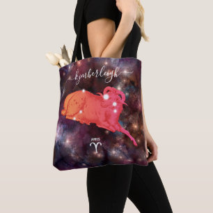 Bolsa Tote Aries Zodiac Sinal Monograma Cósmico Nome Red Brow