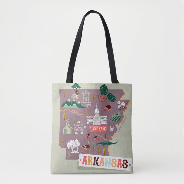 Bolsa Tote Arkansas Ilustrado: Mapa de Viagem dos EUA (Frente)