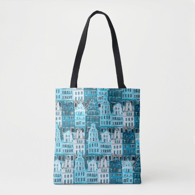 Bolsa Tote Arquitetura de Amsterdã, textura azul de aquarela. (Frente)