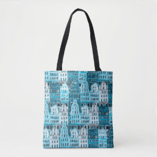 Bolsa Tote Arquitetura de Amsterdã, textura azul de aquarela.