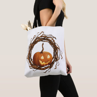 Bolsa Tote Arranjo de Galhos com Abóbora de Halloween Rústica