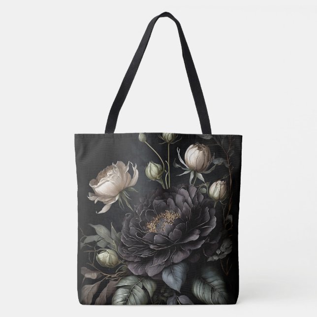 Bolsa Tote Arranjo de Rosa Gótica Flor Preta (Frente)