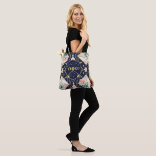 Bolsa Tote Art Deco Celestial Fases da Lua Floral Brilho Dour