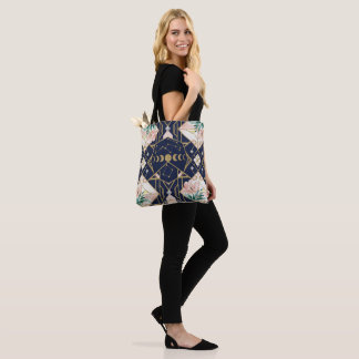 Bolsa Tote Art Deco Celestial Fases da Lua Floral Brilho Dour