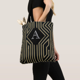 Bolsa Tote Art Deco Elegante Monograma Dourado Preto
