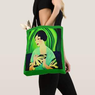 Bolsa Tote Art Deco Lady with a Fan Green
