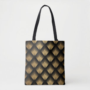 Bolsa Tote Art Deco, padrão de ouro negro.