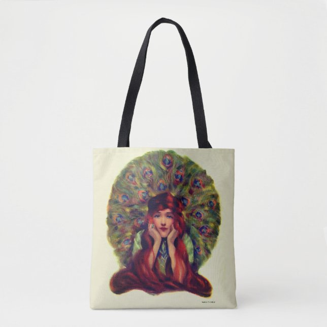 Bolsa Tote Art nouveau deco elegante mulher, penas de pavão (Frente)