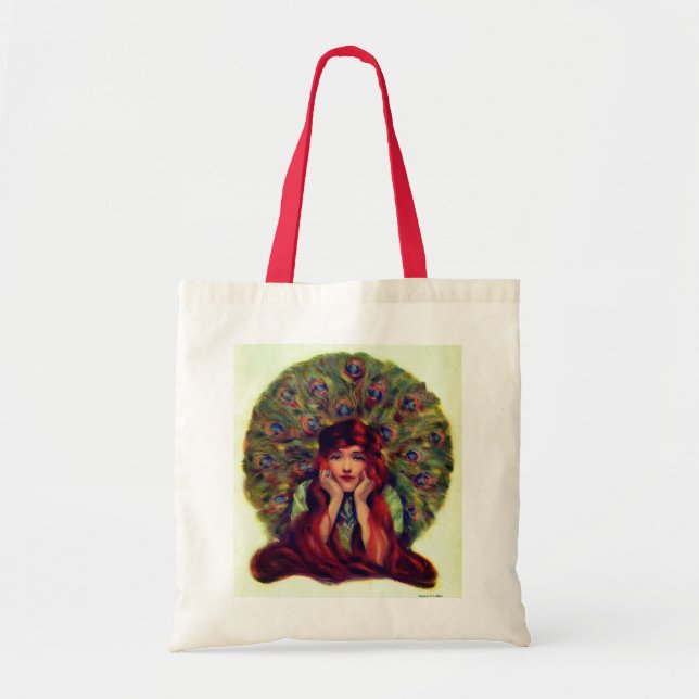 Bolsa Tote Art nouveau deco elegante mulher, penas de pavão (Frente)