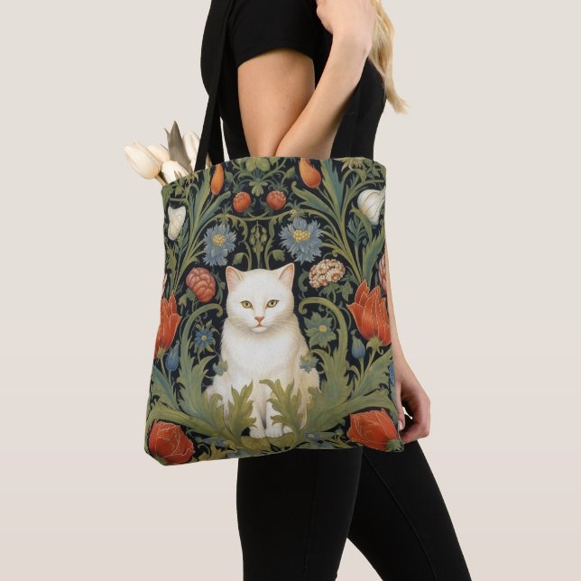 Bolsa Tote Art nouveau, gato branco no jardim (Close Up)