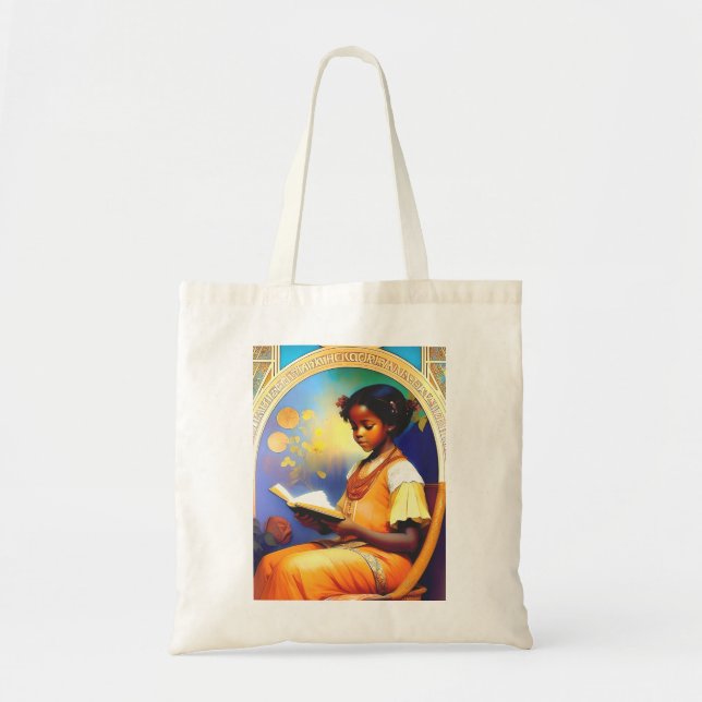 Bolsa Tote Art Nouveau Menina americana africana lendo livro (Frente)