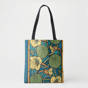 Bolsa Tote Art Nouveau Nasturtium Azul Dourado floral Verneui