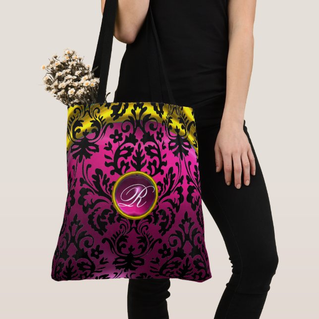 BOLSA TOTE ART NOUVEAU PINK NEGRO MONOGRAMA DE DAMASK DOURADO (Close Up)