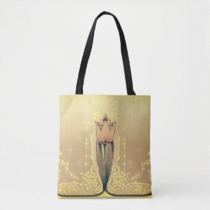 Bolsa Tote Art nouveau tulipa floral rosa e ouro elegante