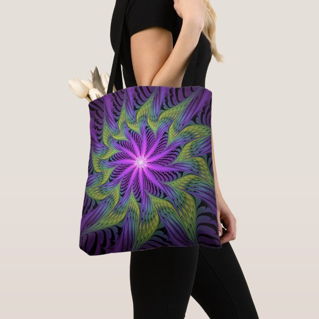 Bolsa Tote Arte abstrata fractal moderna flor roxa verde (Close Up)