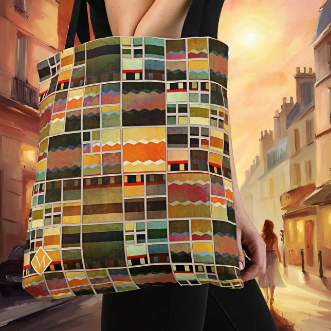 Bolsa Tote Arte abstrata geométrica modernista de meados do s (Tote bag featuring a vibrant geometric pattern in stained glass style)