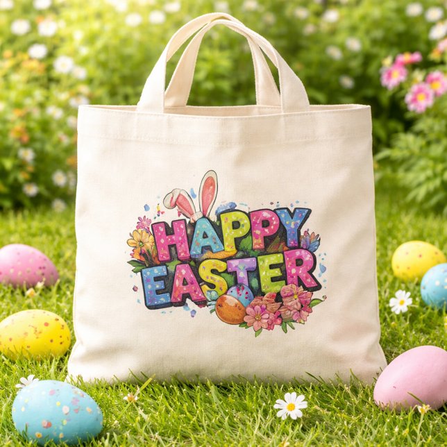 Bolsa Tote Arte Alegre da Páscoa com Orelhas de Coelho e Flor (Criador carregado)